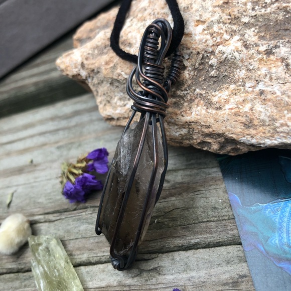 Oxidized Wire Wrapped Smoky Quartz Crystal Point Pendant Necklace - Picture 7 of 13